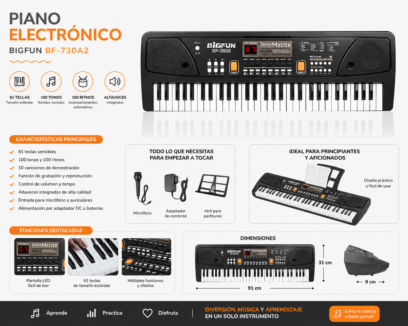 Miniatura 2 de Piano Bigfun BF-730A2 61 Teclas